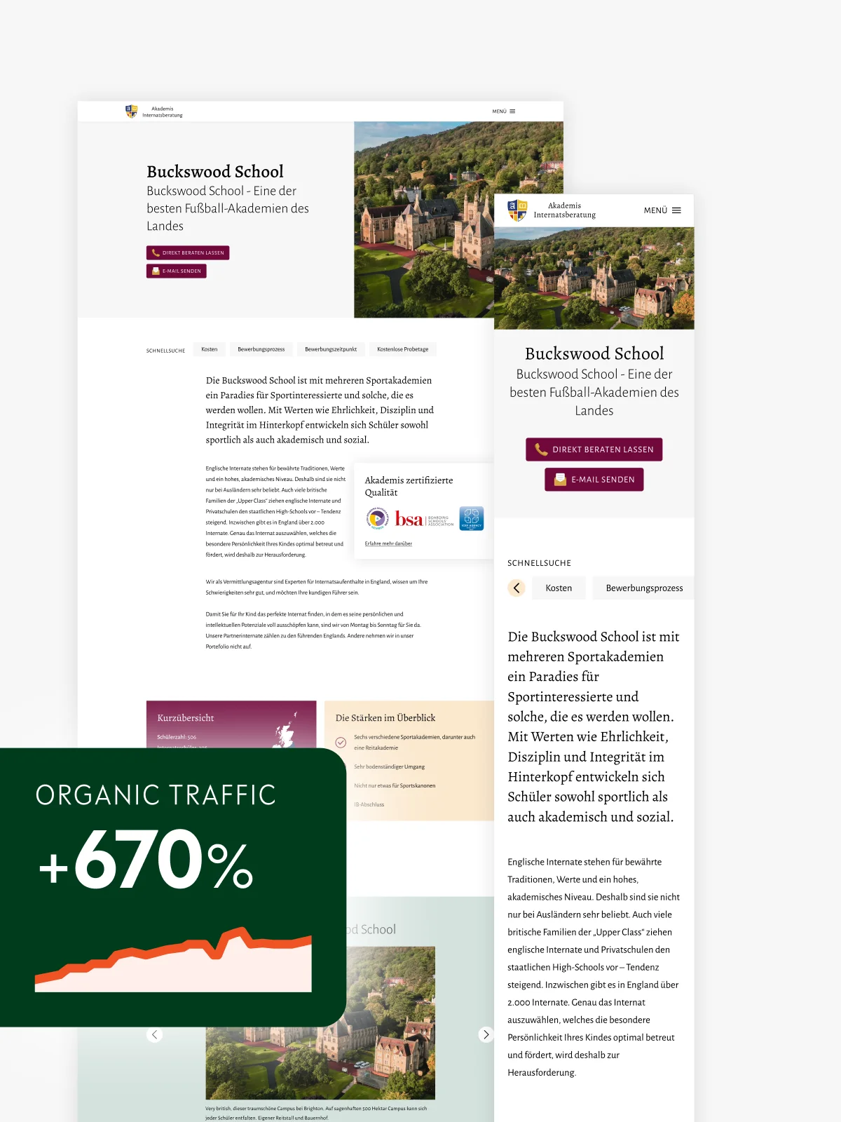 Website der Akademis Internatsberatung: 670 Prozent mehr organischer Traffic