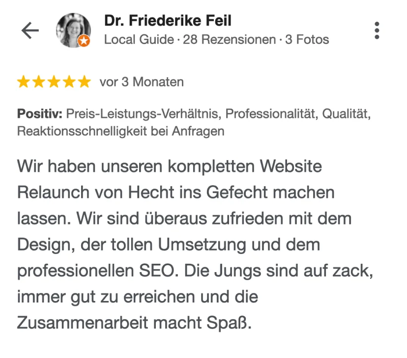 Google-Rezension von Dr. Friederike Feil über HECHT INS GEFECHT