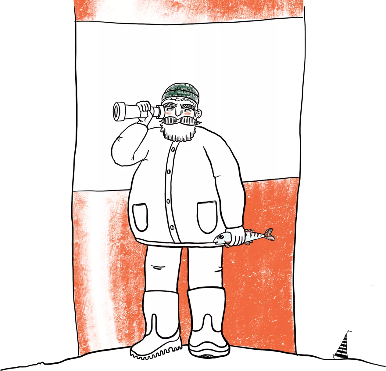 Illustration: Seemann mit Fernrohr vor einem Leuchtturm